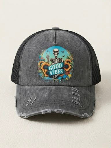 Women's Distressed "Good Vibes" Baseball Cap (Handmade)