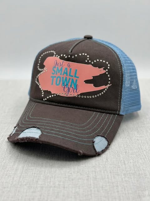 Women's "Just a Small Town Girl" Rhinestone Distressed Trucker Cap