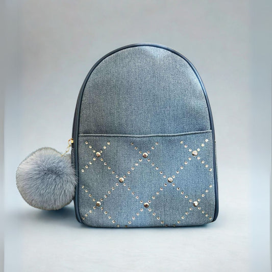 Denim Blue Rhinestone Studded Mini Backpack