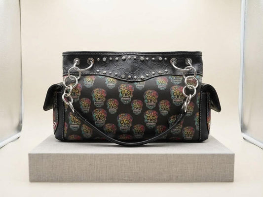 Western Style Multicolored Sugar Skulls Conceal Carry Handbag Purse