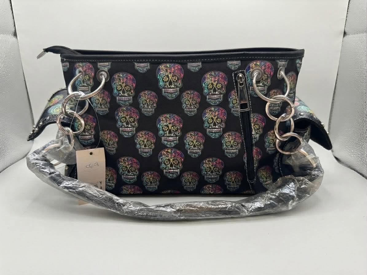 Western Style Multicolored Sugar Skulls Conceal Carry Handbag Purse