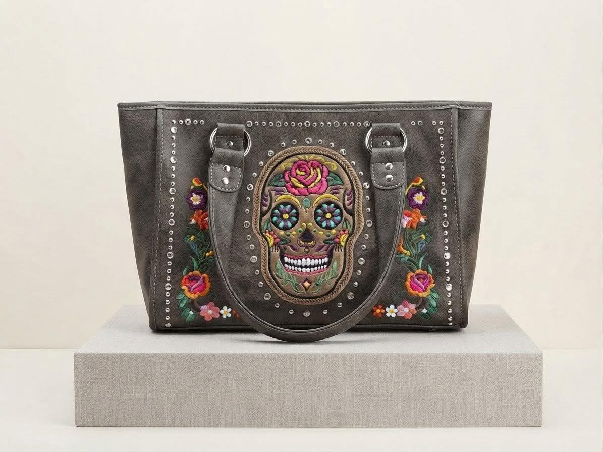 Western Style Embroidered Sugar Skull Conceal Carry Handbag Purse