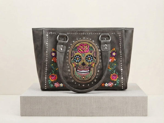 Western Style Embroidered Sugar Skull Conceal Carry Handbag Purse