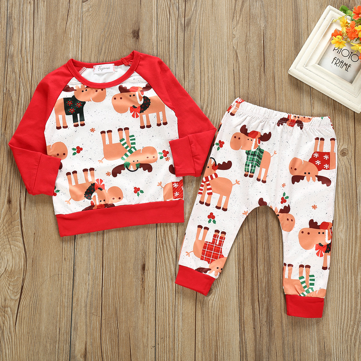 Boy's Reindeer Moose Christmas 2 Piece Sweat Suit Outfit