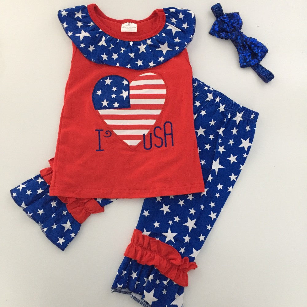 Girl's Patriotic I love USA Fourth of July Outfit