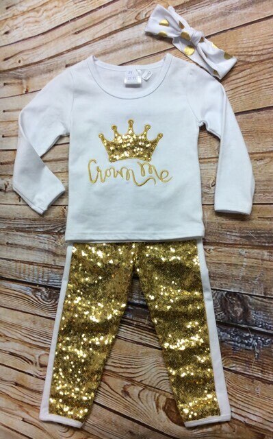 Girl's White and Gold Crown Me Boutique Outfit