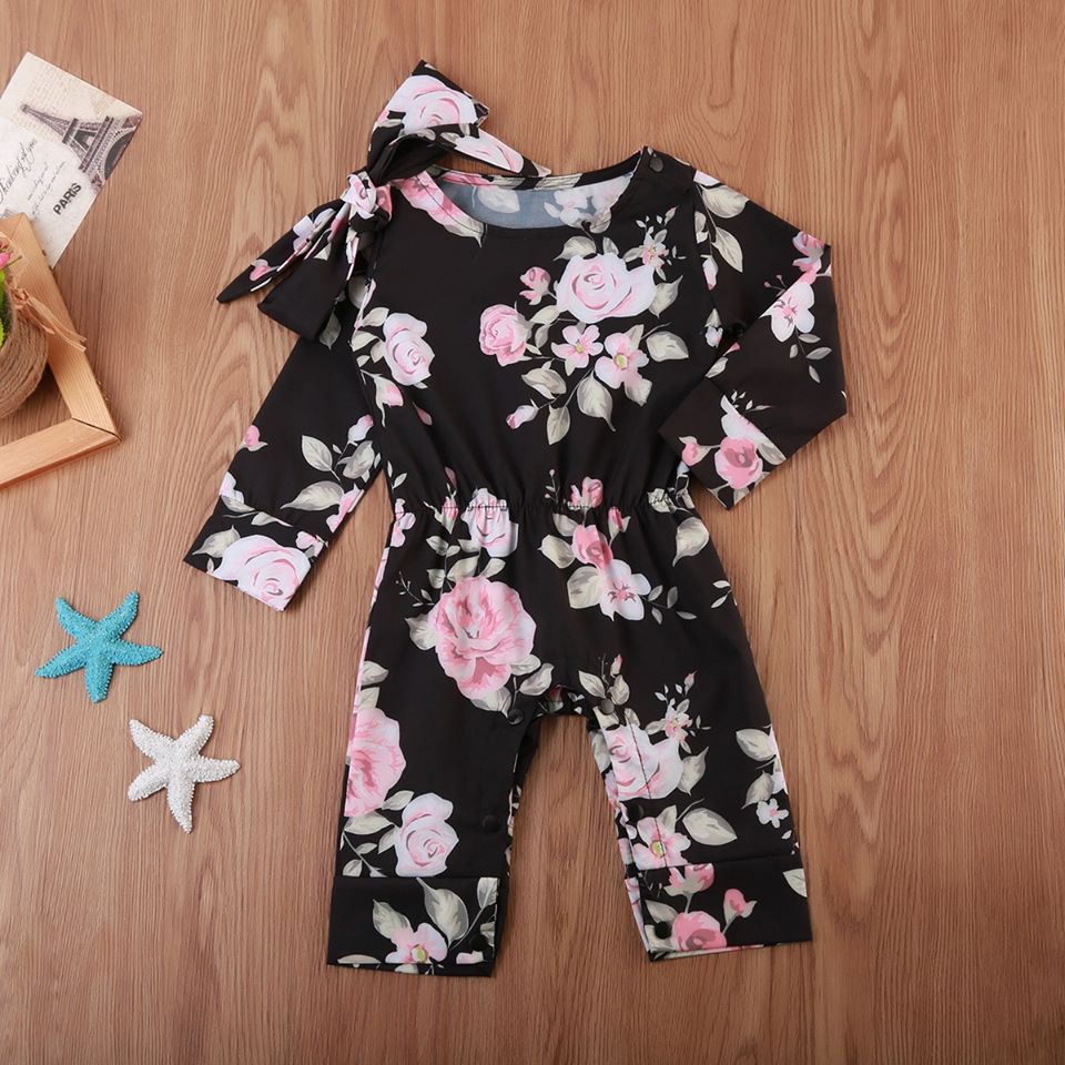 Baby Girl Black Floral Print Jumpsuit Romper