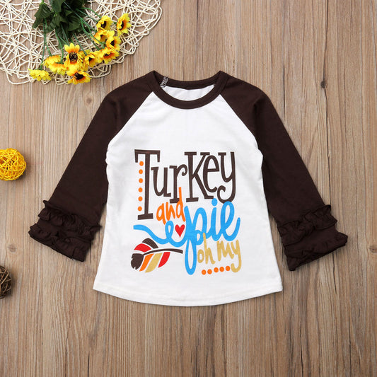 Girl's Thanksgiving Turkey and Pie Raglan Tee Shirt
