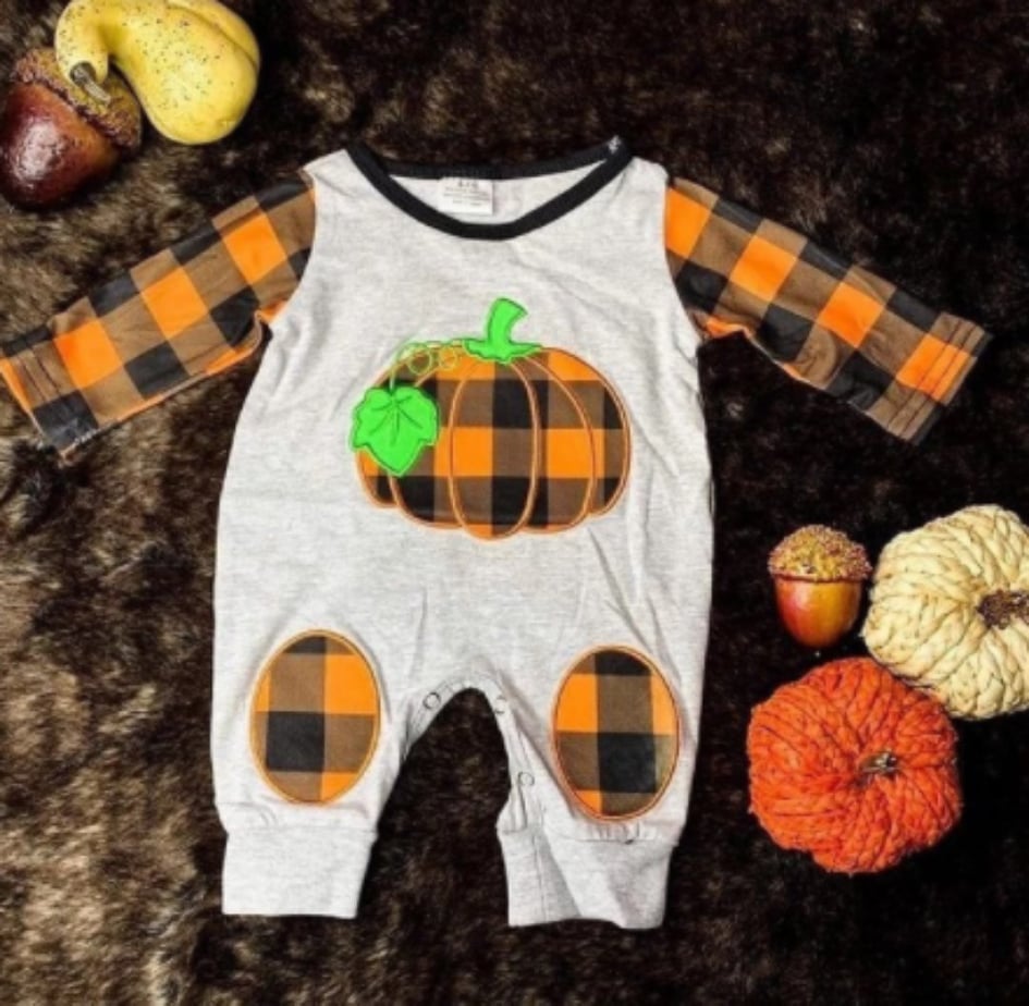 Infant Boy's Orange Plaid Pumpkin Romper