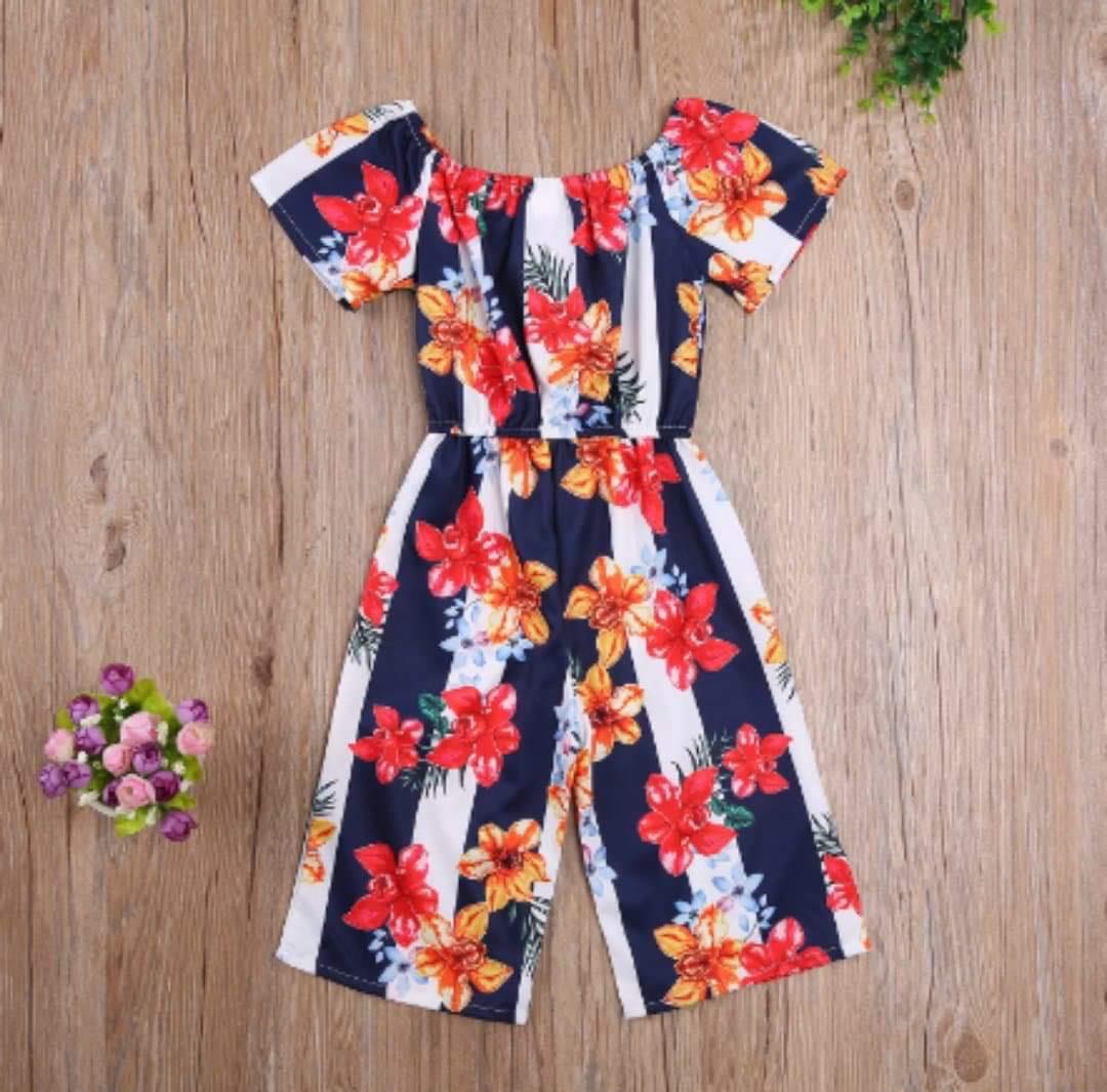 Girl's Navy Striped Floral Jumpsuit