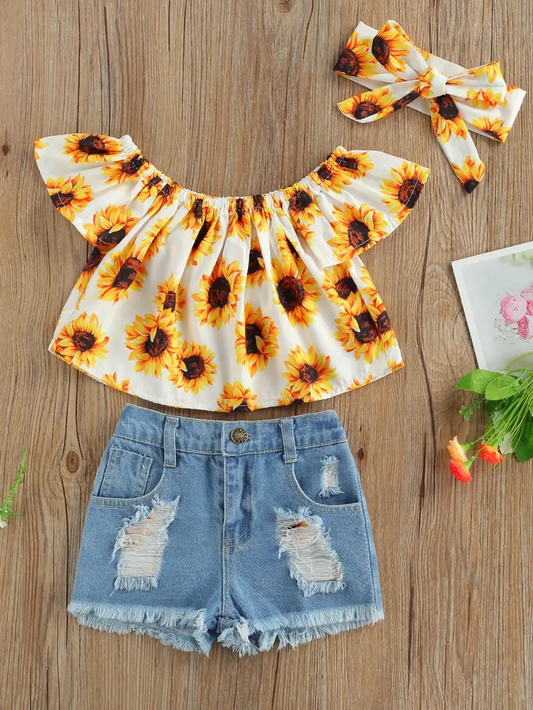 Girls Sunflower Off The Shoulder Top Outfit