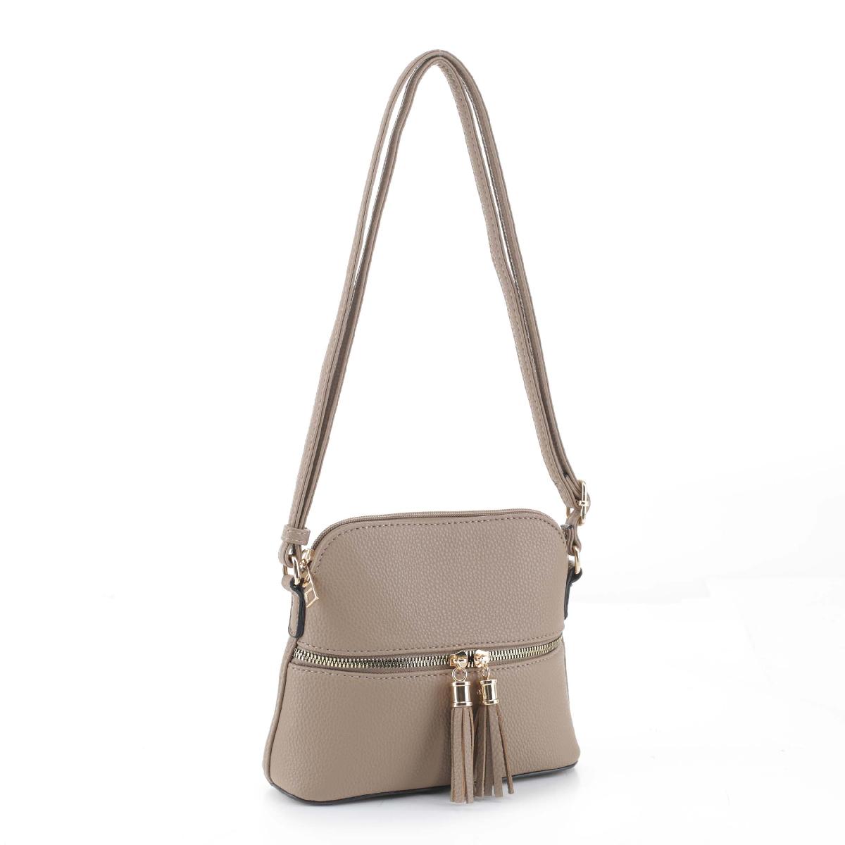 Solid Colored Tassel Crossbody Bag Purse- Taupe