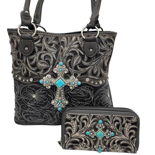 Western Style Concealed Carry Turquoise Stone Cross Shoulder Bag Purse and Wallet Set