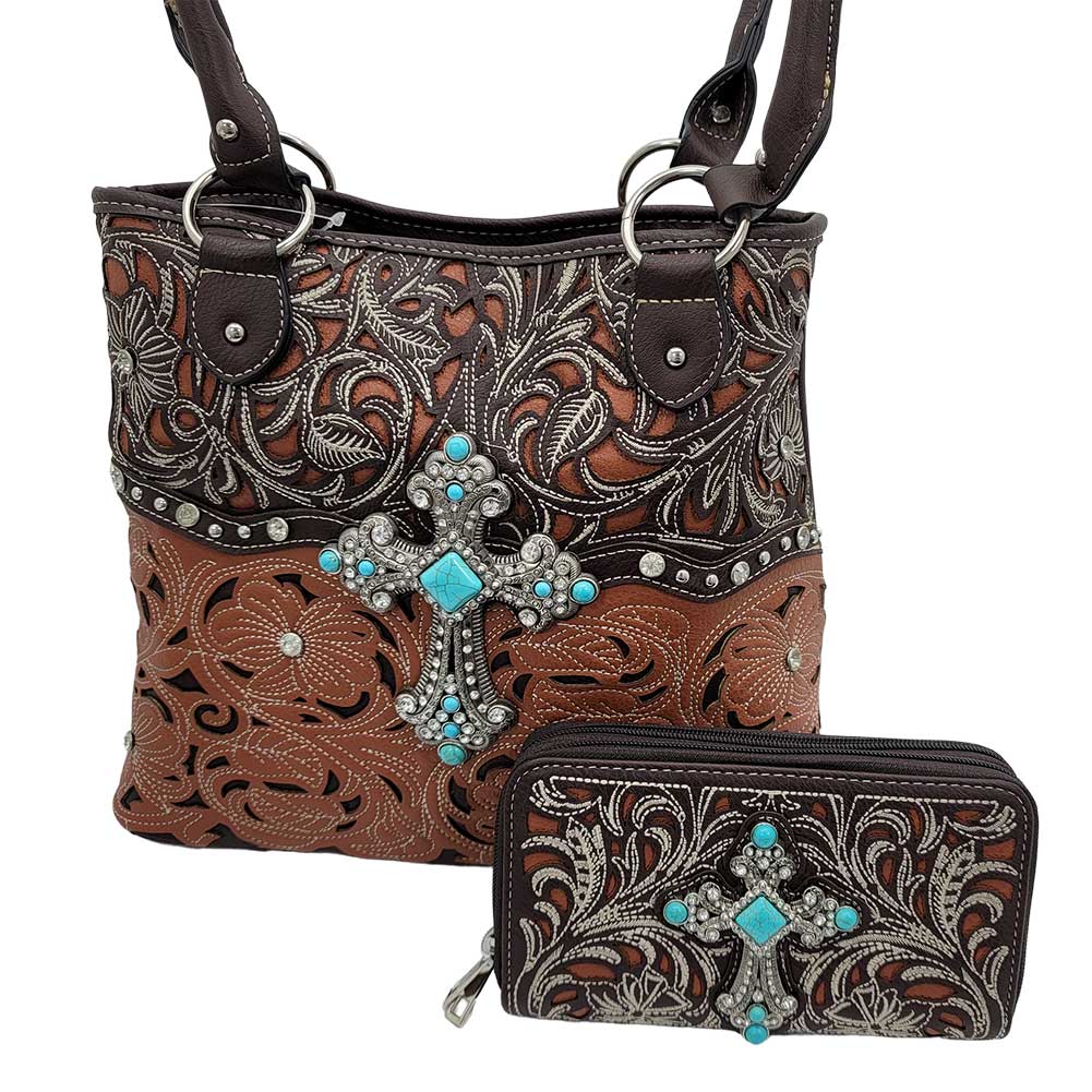 Western Style Concealed Carry Turquoise Stone Cross Shoulder Bag Purse and Wallet Set