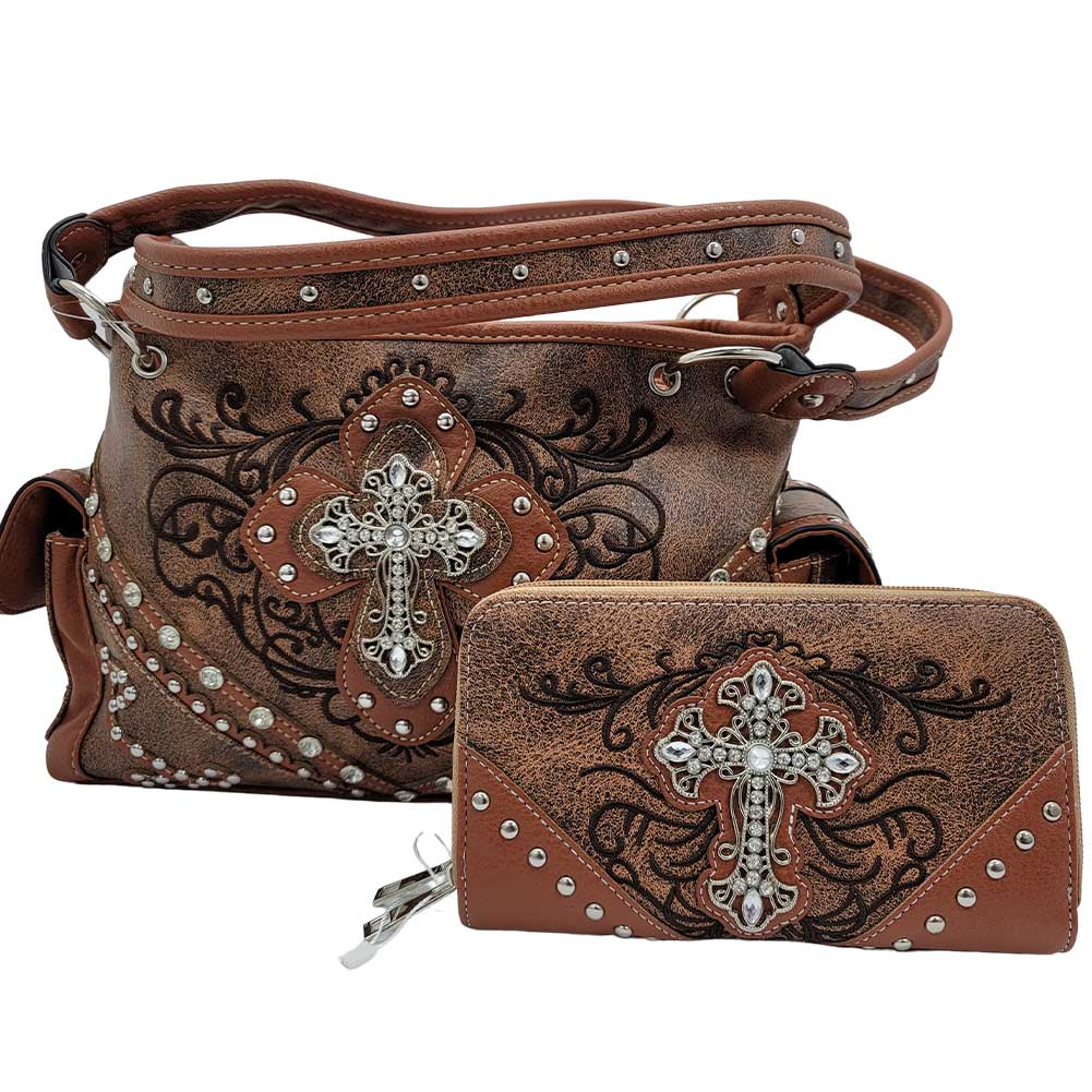 Western Style Concealed Carry Rhinestone & Studded Cross Design Shoulder Bag Purse and Wallet Set