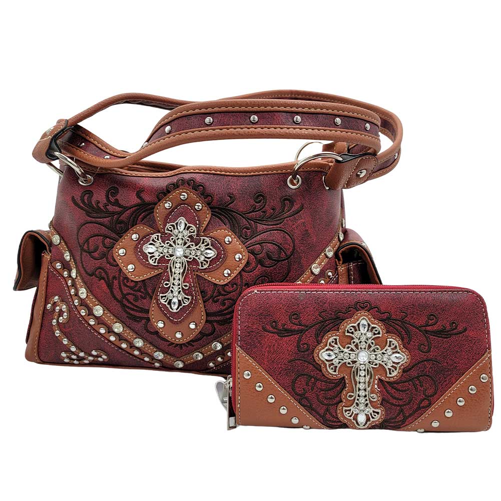 Buy Western Style Rhinestone Cross Studded Laser Cut Wings Tooled Leather  Purse Women Handbags Country Shoulder Bag Wallet Set Online at  desertcartINDIA