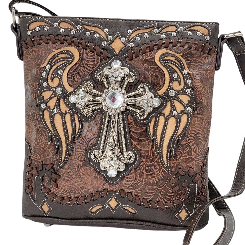 Western Style Concealed Carry Brown Cross with Wings Crossbody Bag Purse
