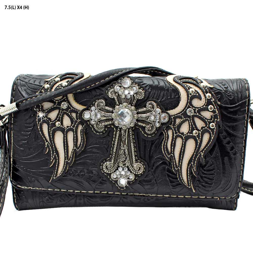 Western Style Concealed Carry Cross with Wings Crossbody Bag Purse and Wallet Set