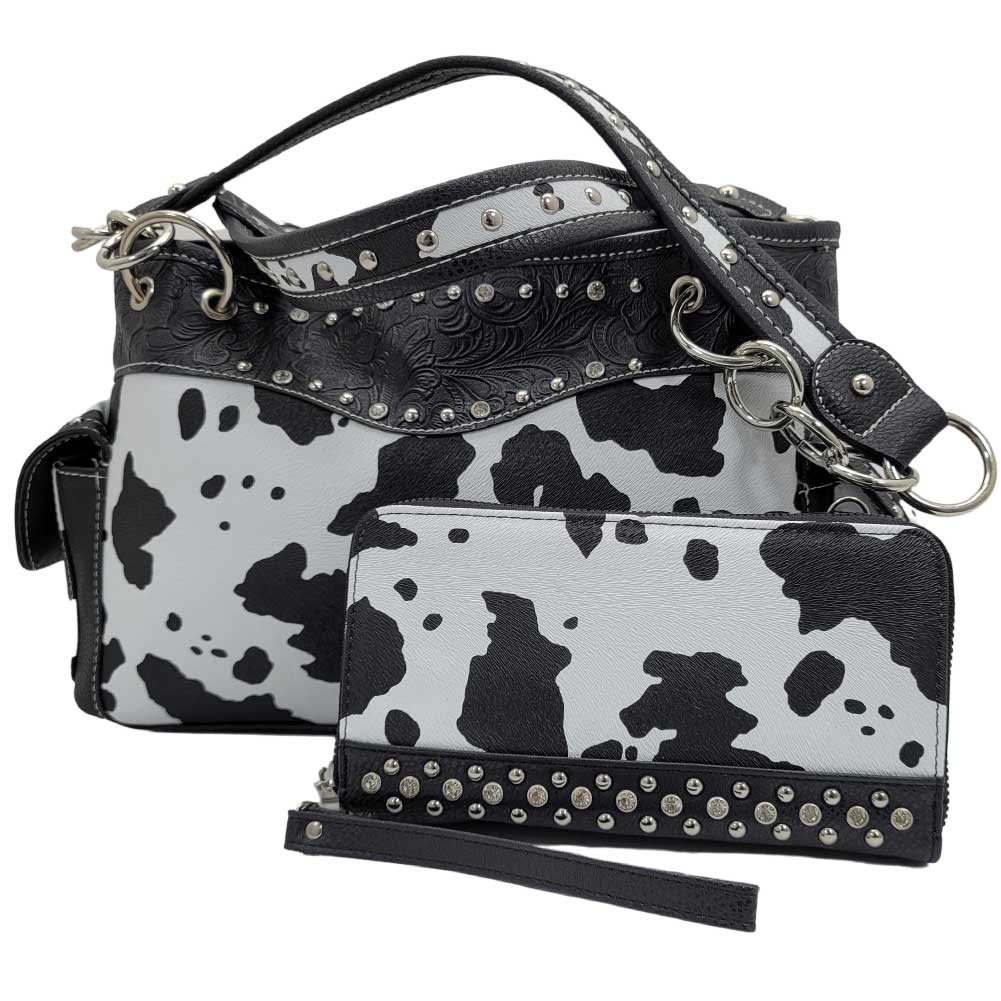 Cow Print Concealed Carry Shoulder Bag Purse and Wallet Set